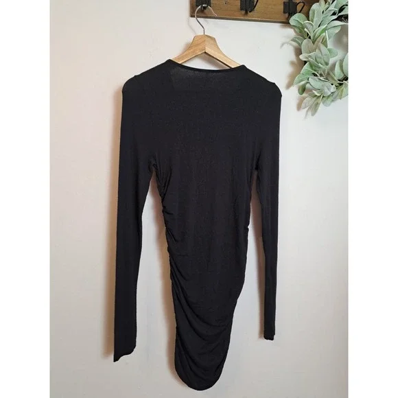 Free People Bardot Dress V Neck Ruched Long Sleeve Mini Bodycon Size S Black - Picture 3 of 5